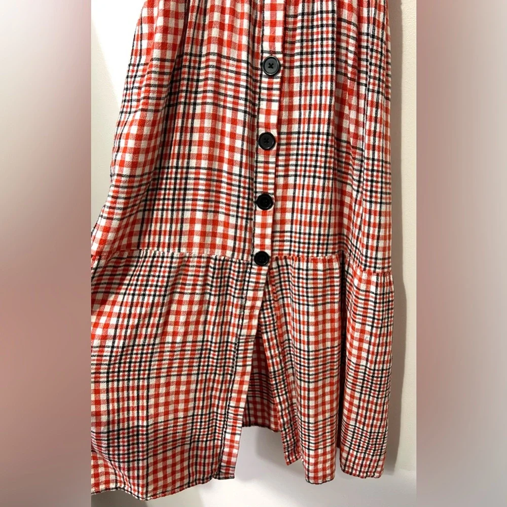 Urban Outfitters Red Plaid Gingham Midi Dress Small Linen Button Smocked Picnic - Picture 6 of 10